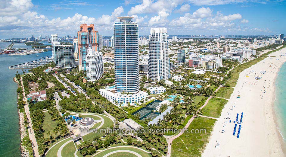 Aerial view of South of Fifth condos and South Pointe Park